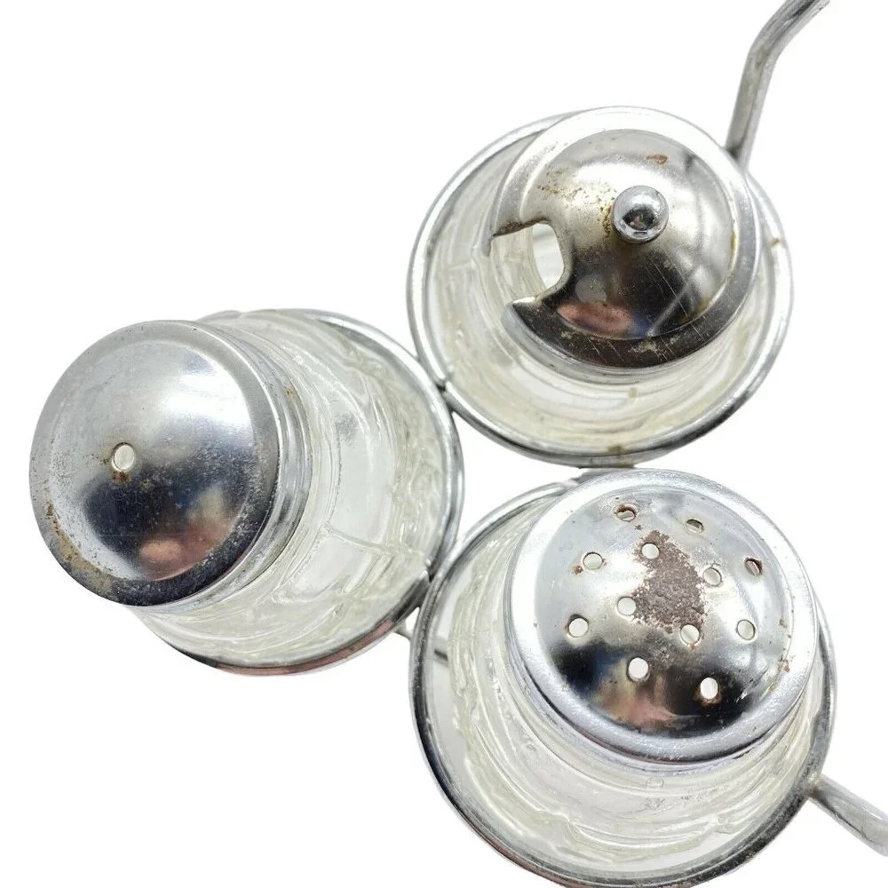 Vintage Glass Salt Pepper Mustard Condiment Set Wheelbarrow Caddy Metal‎ Holder
